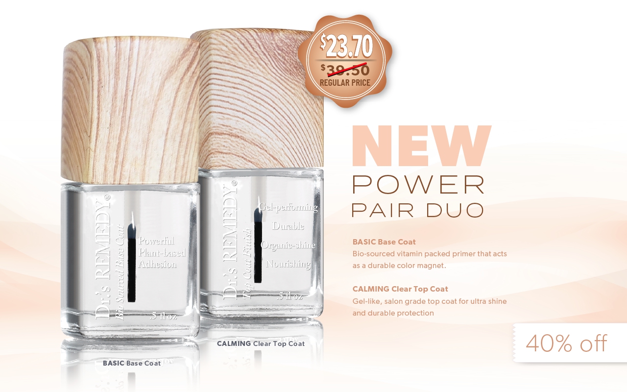 THE NEW POWER PAIR DUO Andmdash   STRENGTHENS  HEALS  Andamp  PROTECTS    GET THE DUO  NOW 40 OFF  Andbull  BASIC Base Coat Andmdash  Bio Sourced Vitamin Packed Primer  That Acts As A Durable Color Magnet    Andbull  CALMING Clear Top Coat Andmdash  Gel Like  Salon Grade Top Coat  For Ultra Shine And Durable Protection  40 OFF THE POWER PAIR DUO  RETAIL PURCHASE ONLY WHILE SUPPLIES LAST  Shop Now